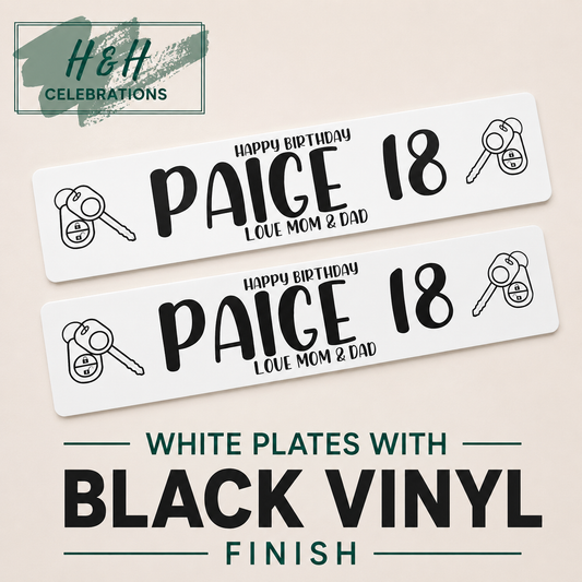 Two white plates with black vinyl finish text and graphics on a beige background, featuring 'H&H Celebrations' branding.