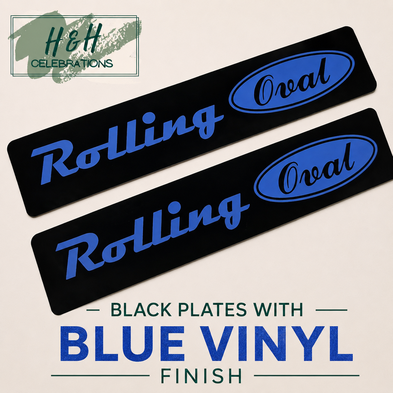 Two black show plates with royal blue vinyl finish text