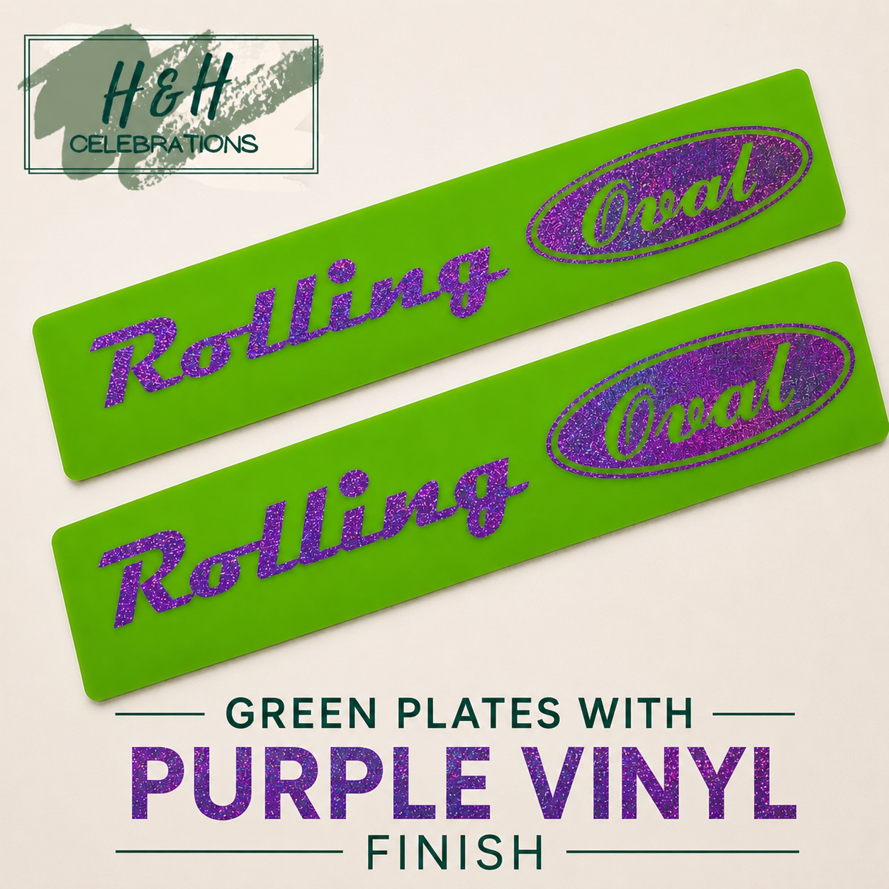 Two green show plates with glitter purple vinyl finish text