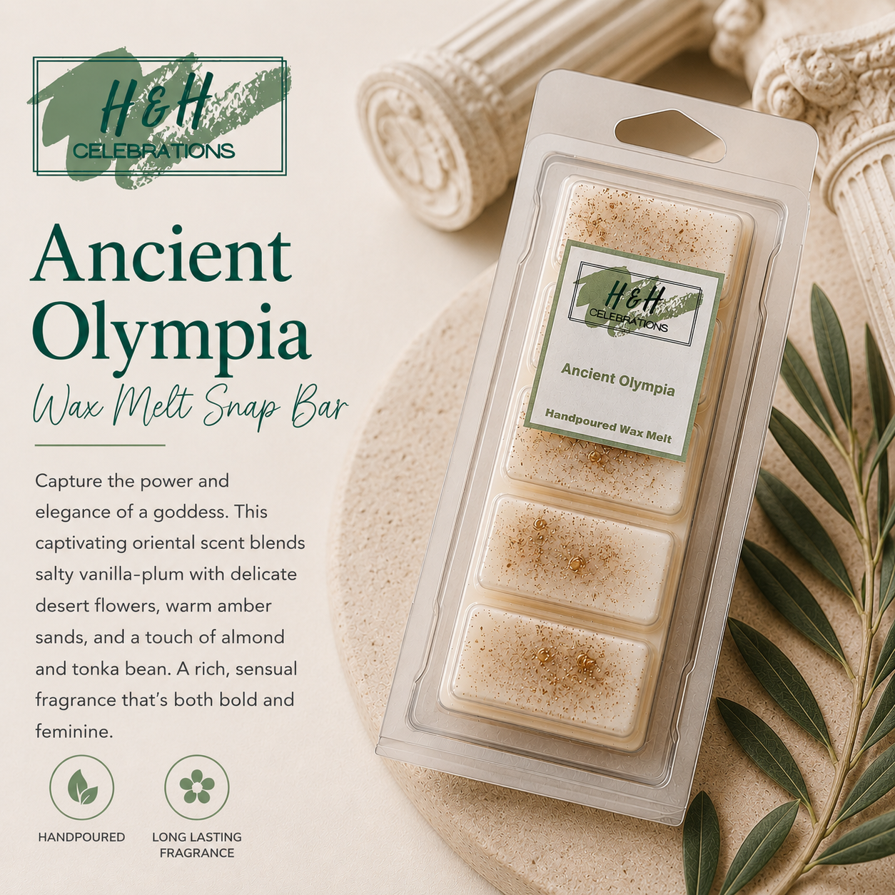 Packaged wax melt snap bar with 'H&H Celebrations' branding on a decorative background.