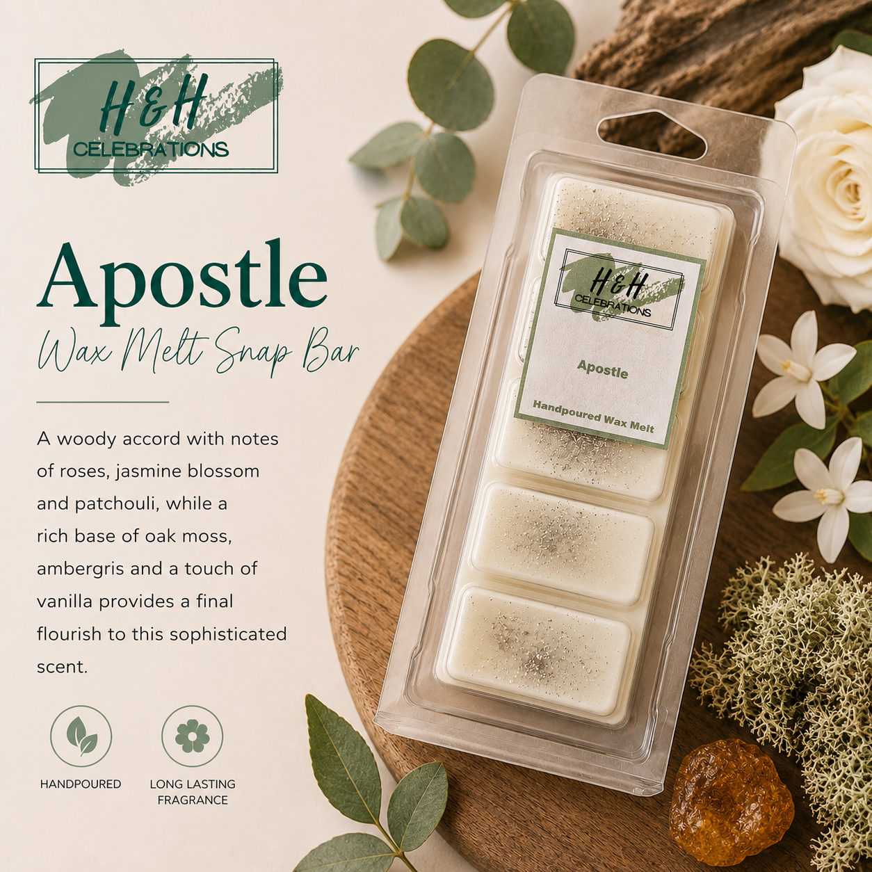 H&H Celebrations Apostle wax melt snap bar packaging with floral and natural elements.