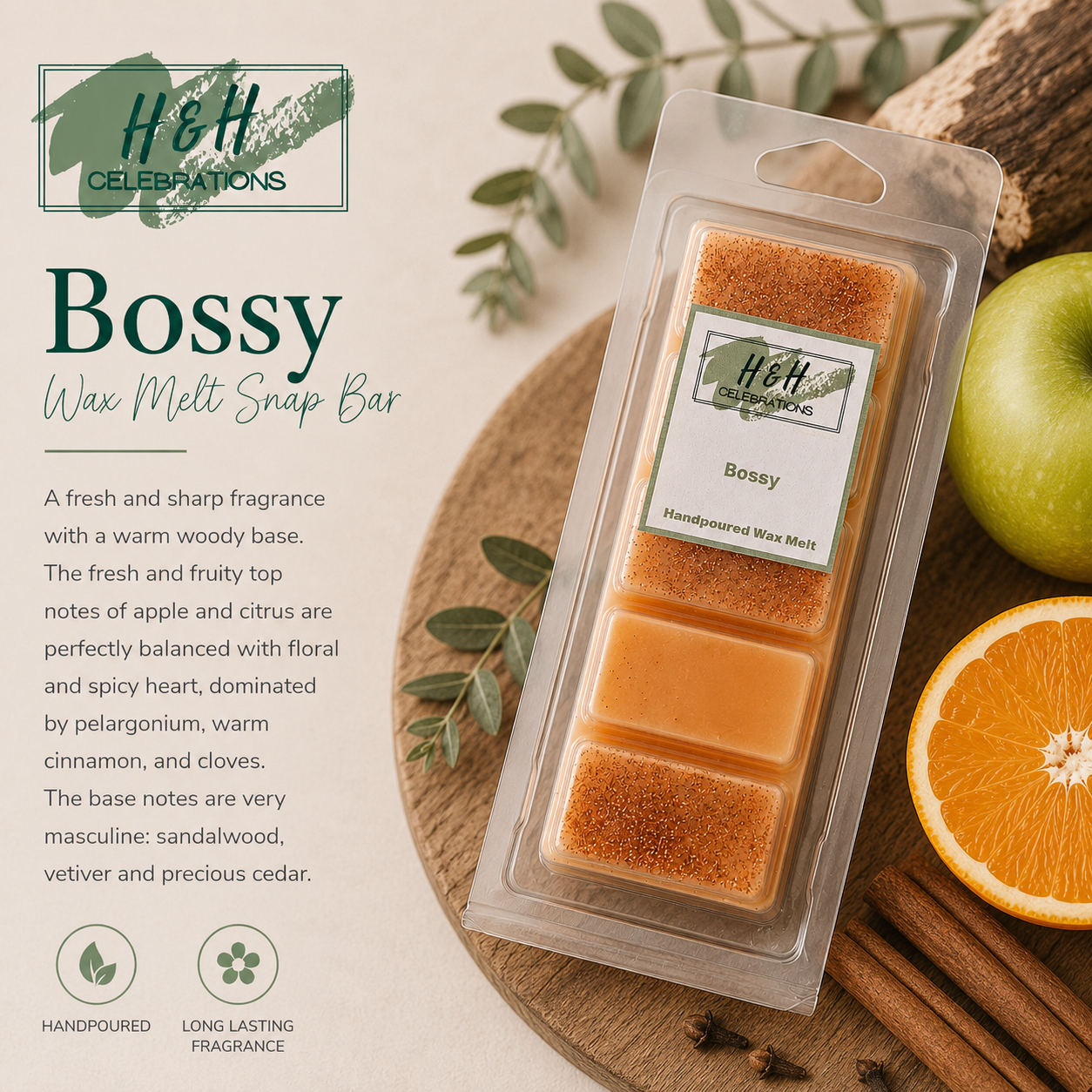 Packaged wax melt snap bar with ingredients and branding on a wooden board.