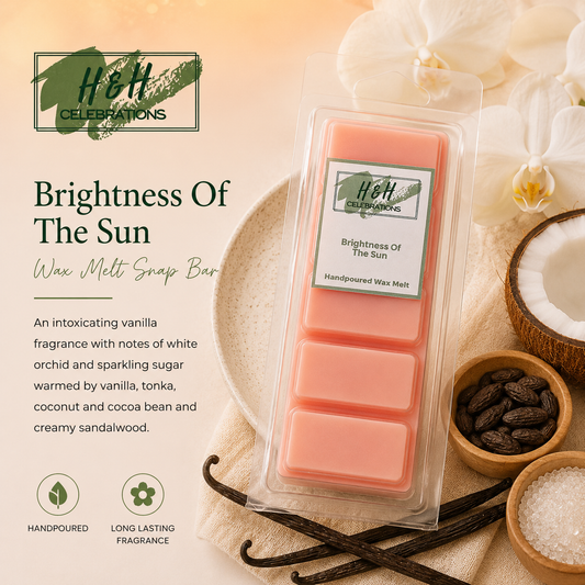 Packaged wax melt snap bar with vanilla fragrance on a decorative background