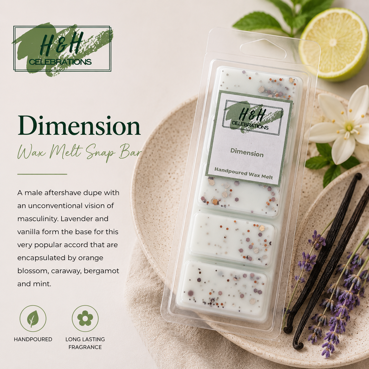H&H Celebrations Wax Melt Snap Bar with vanilla beans, lavender, and a lemon on a neutral background