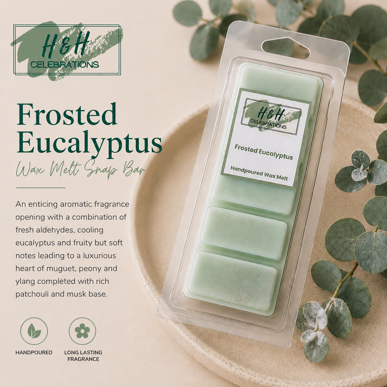 Packaged Frosted Eucalyptus wax melt soap bar with eucalyptus leaves on a neutral background