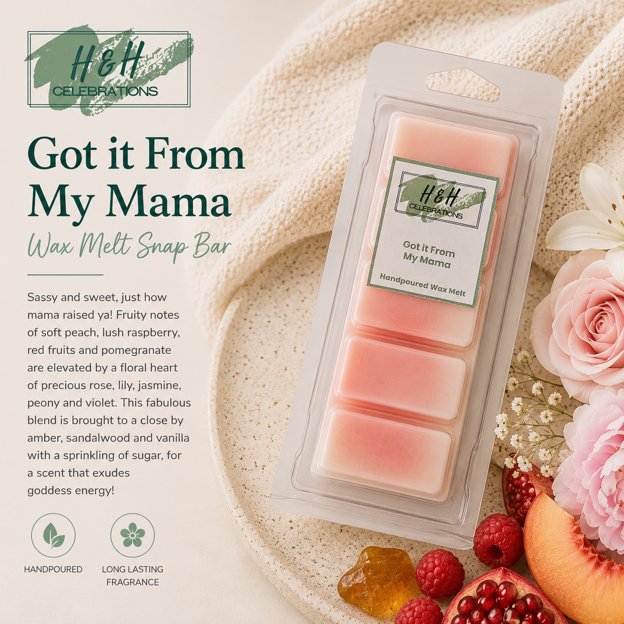 Wax melt snap bar packaging with flowers and fruits on a textured surface