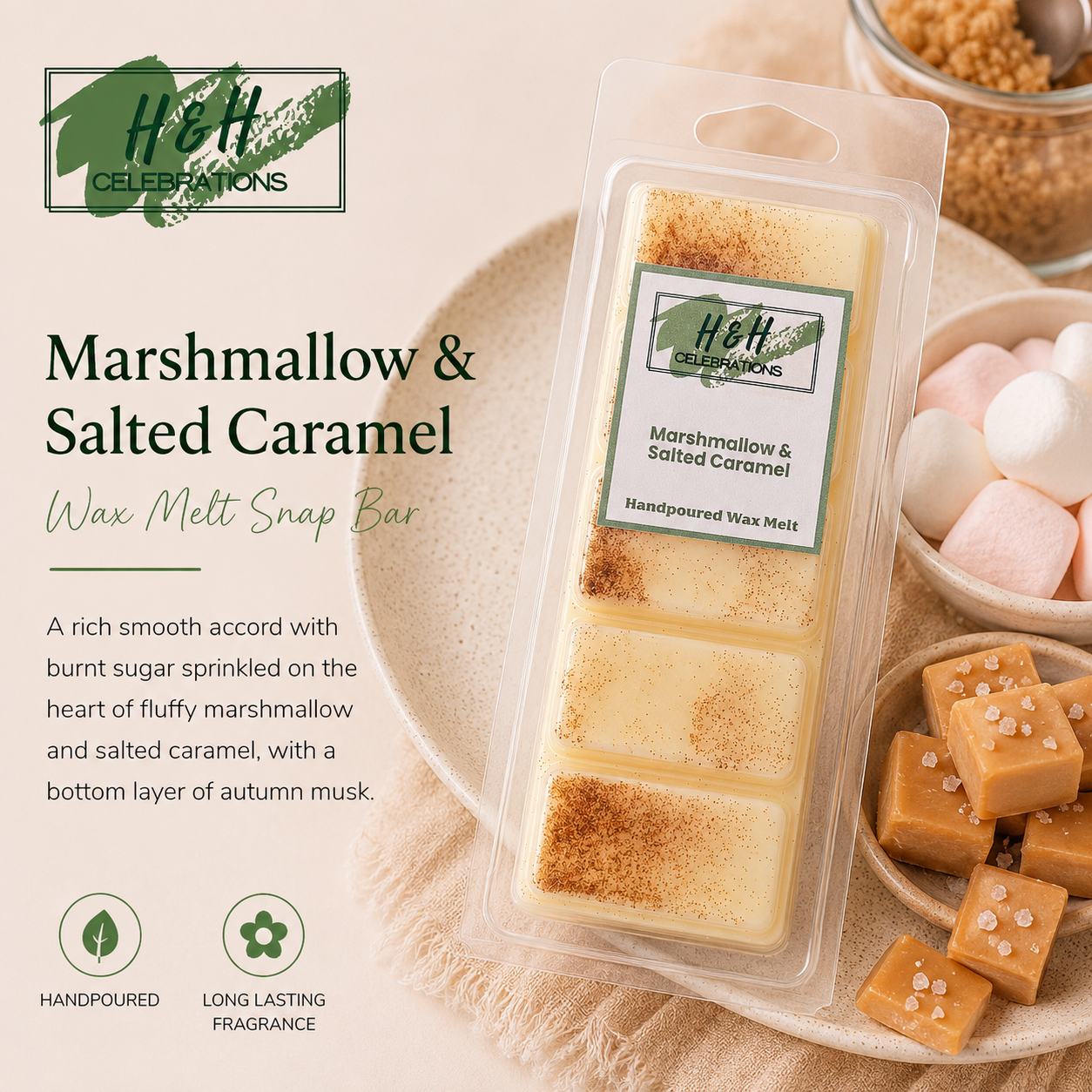 Marshmallow & Salted Caramel wax melt snap bar packaging with H&H Celebrations branding.