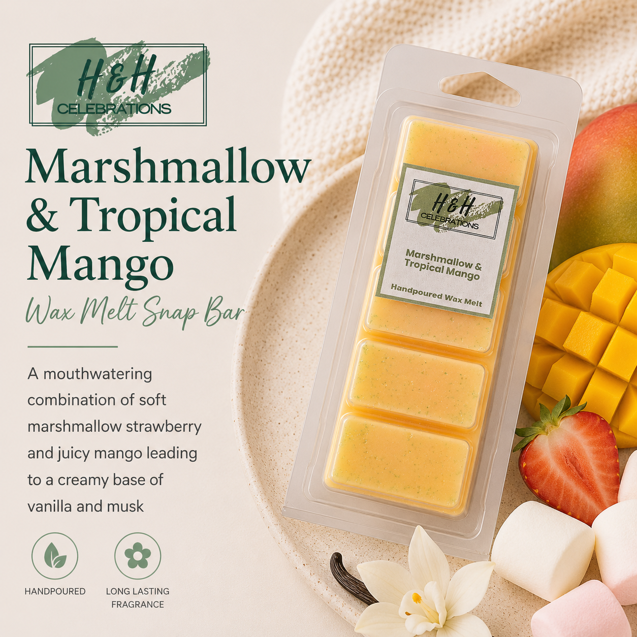 Marshmallow & Tropical Mango wax melt snap bar packaging with mango, strawberry, and vanilla elements.