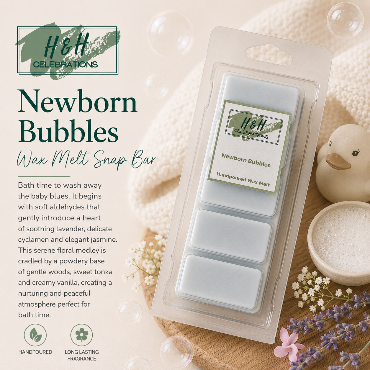 H&H Celebrations Newborn Bubbles wax melt snap bar packaging with product description text.