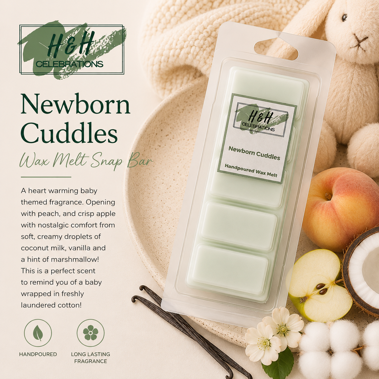 Wax melt snap bar packaging with baby-themed description and product details.