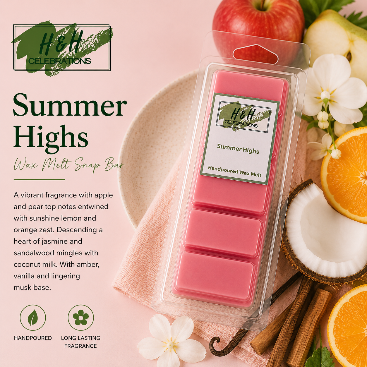Packaged wax melt snap bar with 'H&H Celebrations' branding, surrounded by fruits and flowers on a pink background.