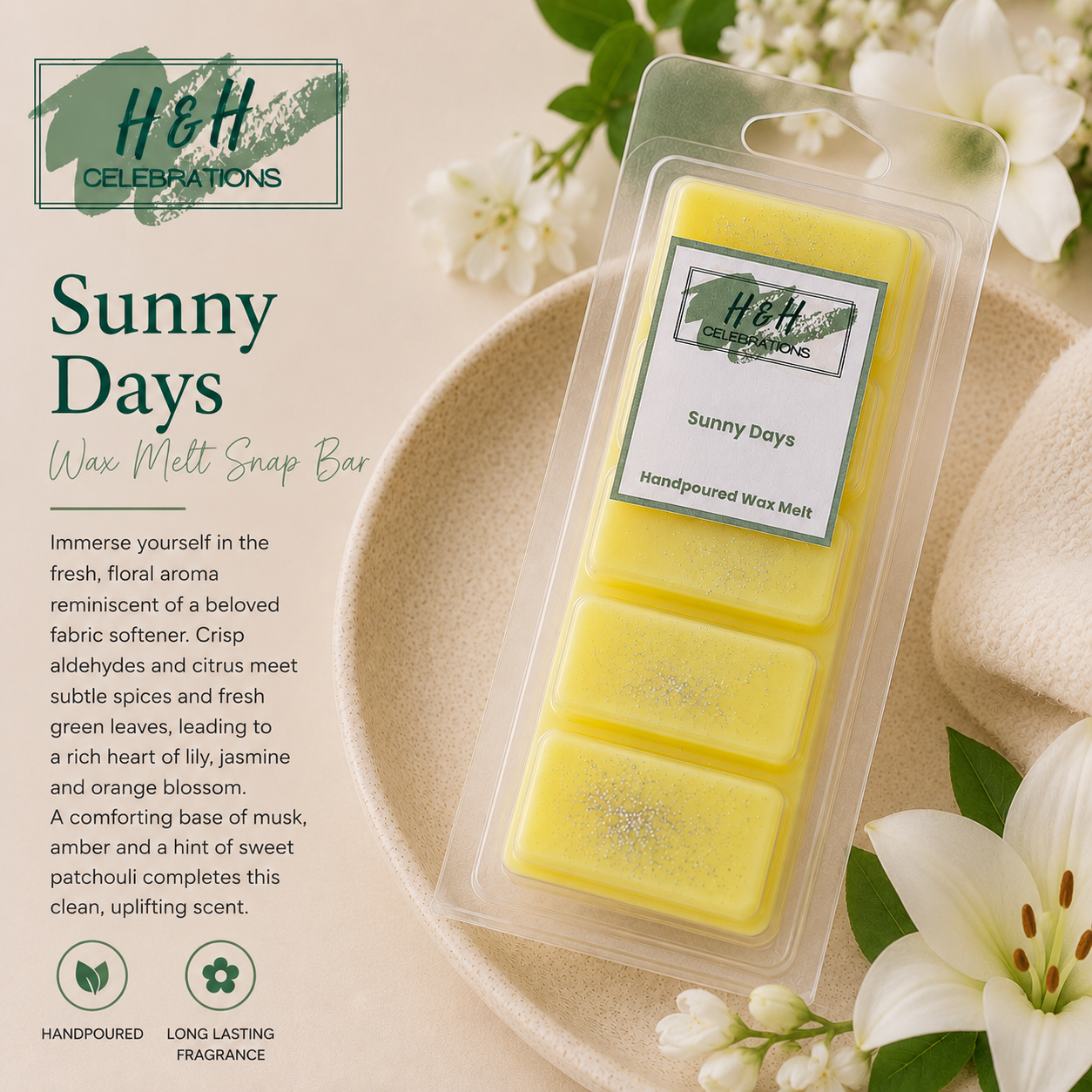 Packaged wax melt with 'H&H Celebrations' branding on a decorative background with flowers.