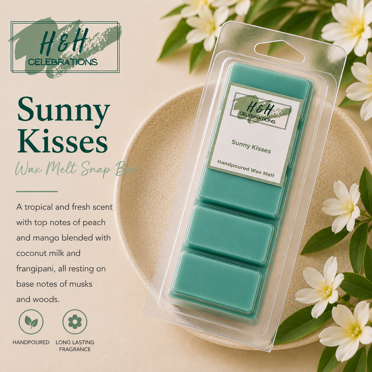 Packaged wax melt with 'H&H Celebrations' branding on a decorative plate with flowers.