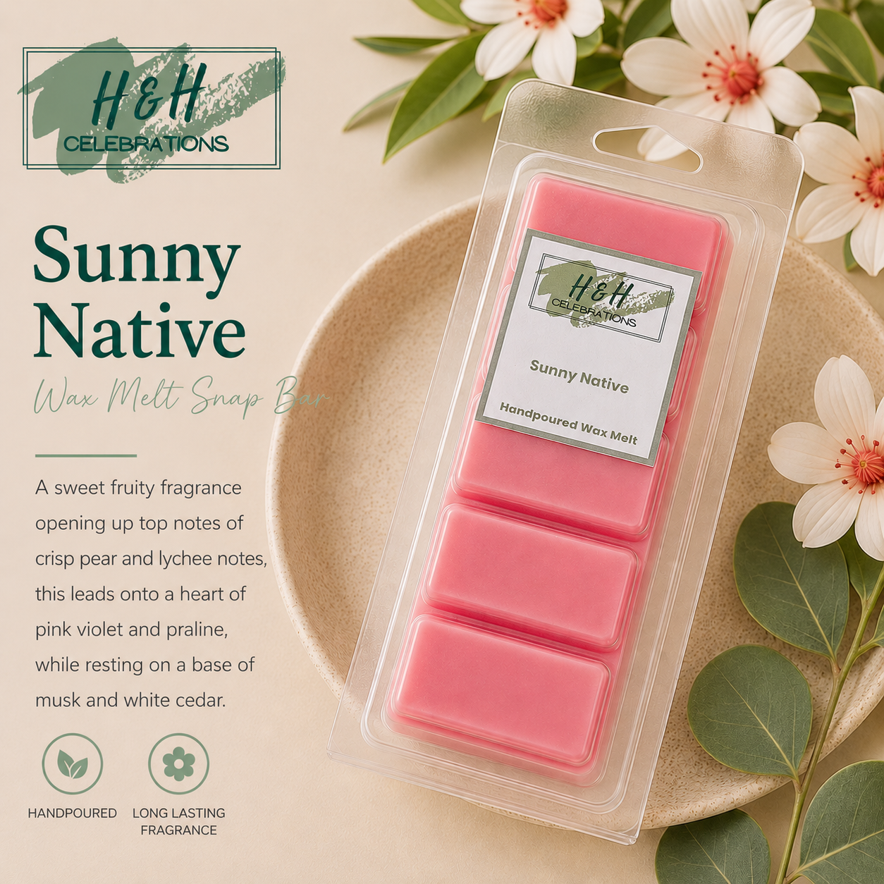 Packaged wax melt with 'H&H Celebrations' branding on a natural background with flowers.