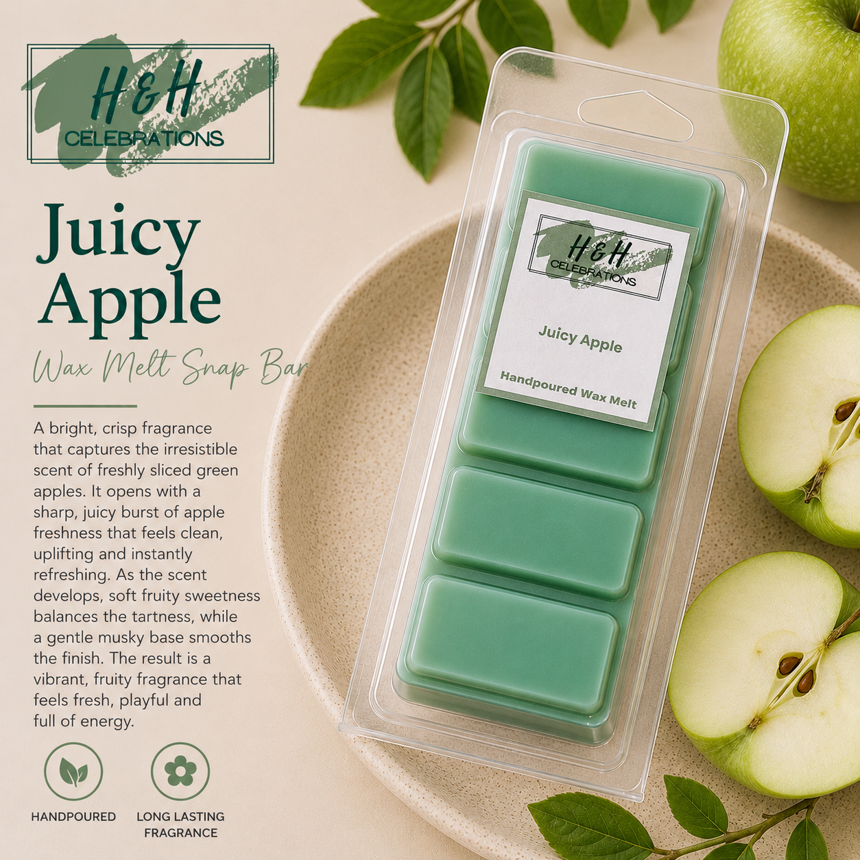 Juicy Apple wax melt snap bar packaging with green apples and leaves on a beige background