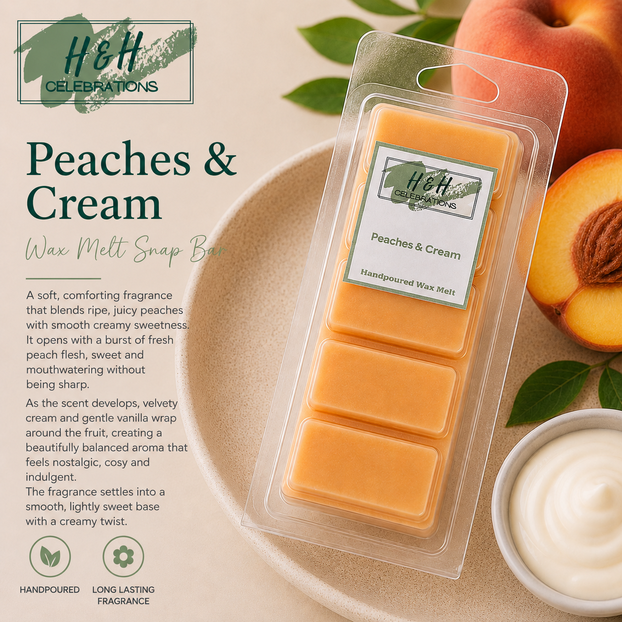 Packaged wax melt snap bars with 'Peaches & Cream' fragrance, surrounded by peaches and cream elements.