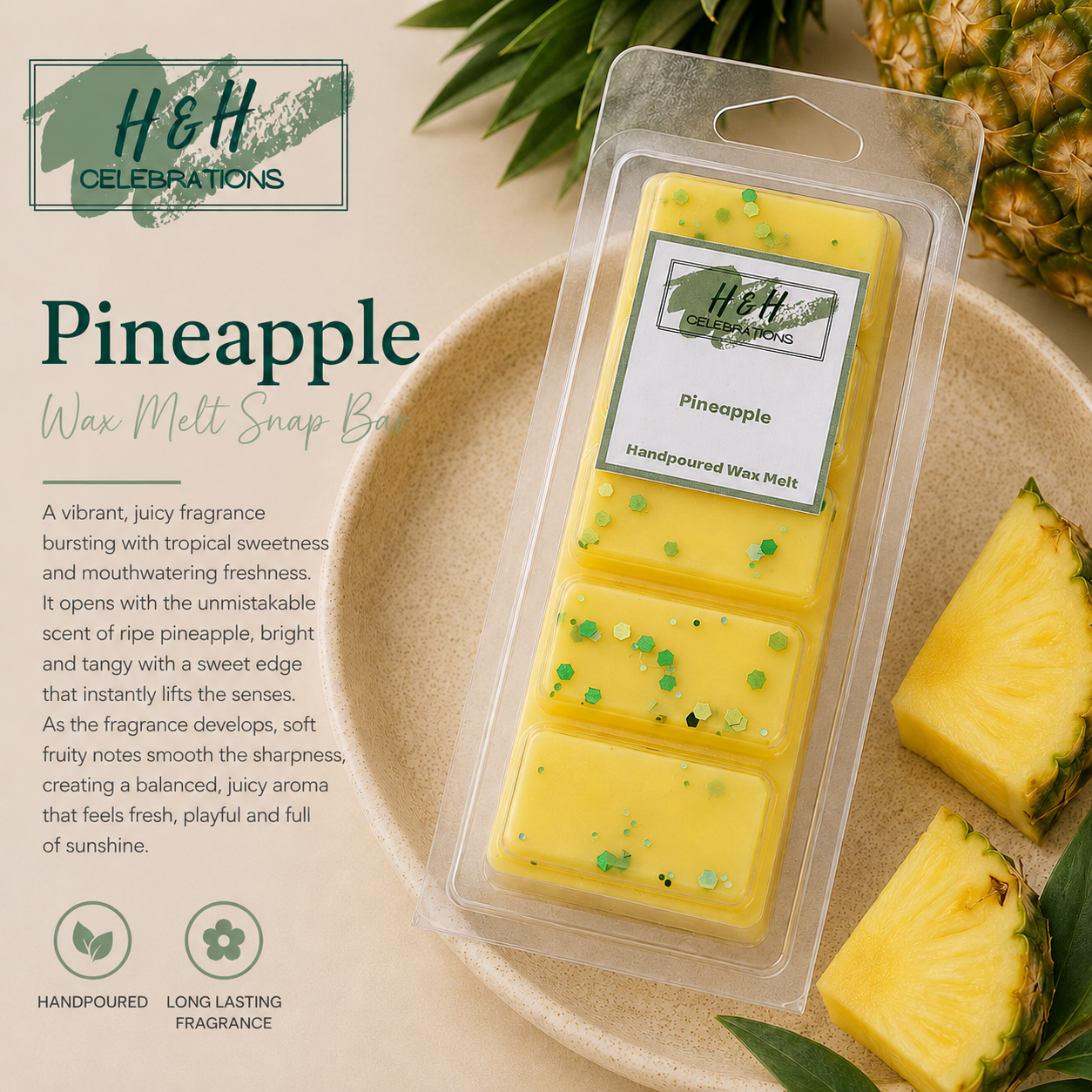 Packaged pineapple wax melt with decorative elements on a beige background