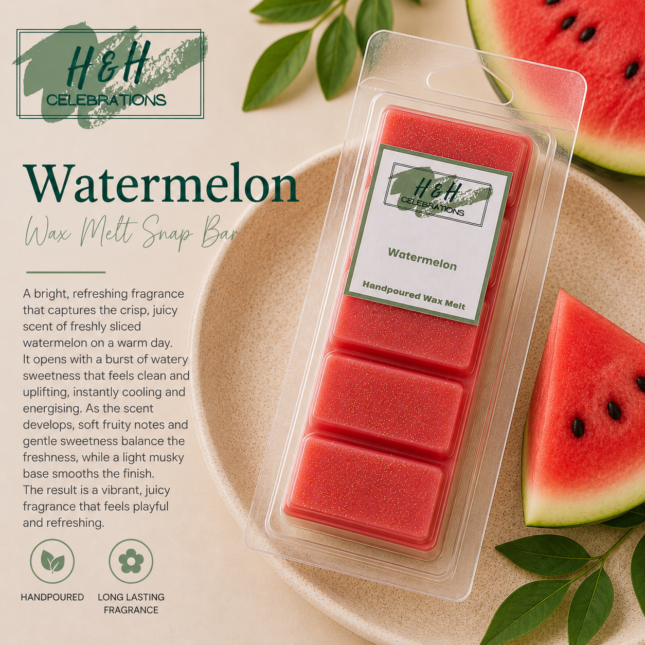 Watermelon wax melt snap bar packaging with watermelon slices and leaves on a beige background