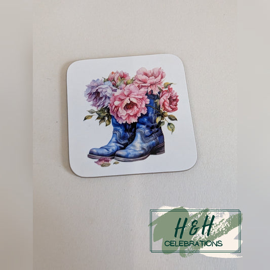 Blue Floral Cowboy Boots MDF Coaster - Design 2