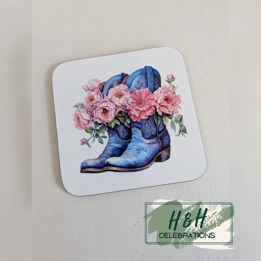 Blue Floral Cowboy Boots MDF Coaster - Design 3