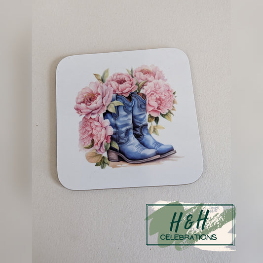 Blue Floral Cowboy Boots MDF Coaster - Design 4