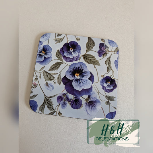 Blue Floral MDF Coaster - Design 3