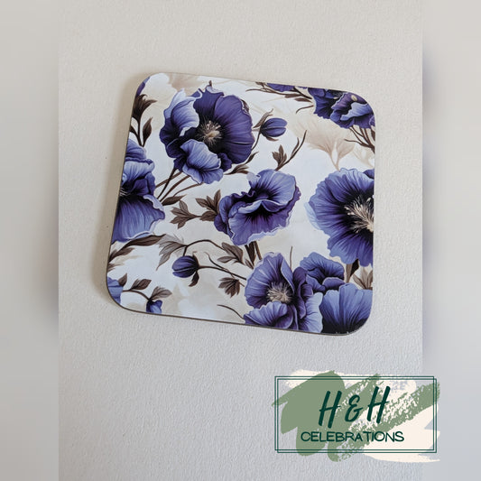 Blue Floral MDF Coaster - Design 4