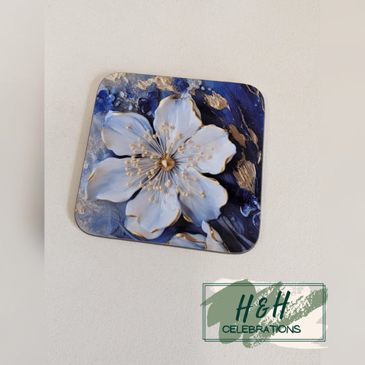 Blue And White Floral MDF Coaster - Design 1