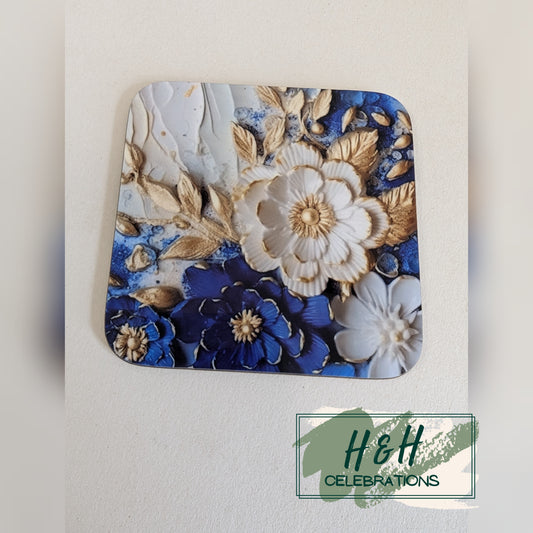 Blue And White Floral MDF Coaster - Design 2