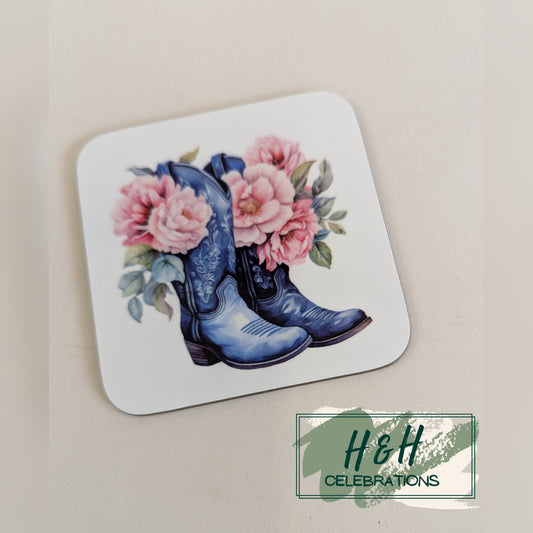 Blue Floral Cowboy Boots MDF Coaster - Design 1