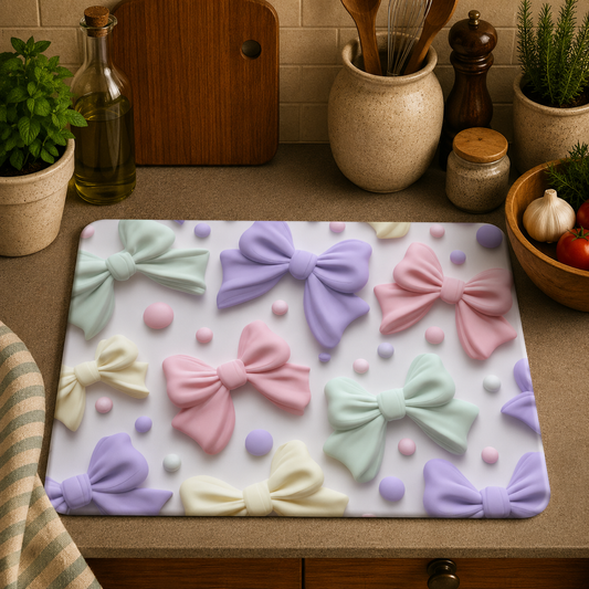 A rectangular cutting board with a pastel bow pattern, placed on a kitchen countertop surrounded by kitchen items like a bottle of olive oil, ceramic jars, garlic, and tomatoes.