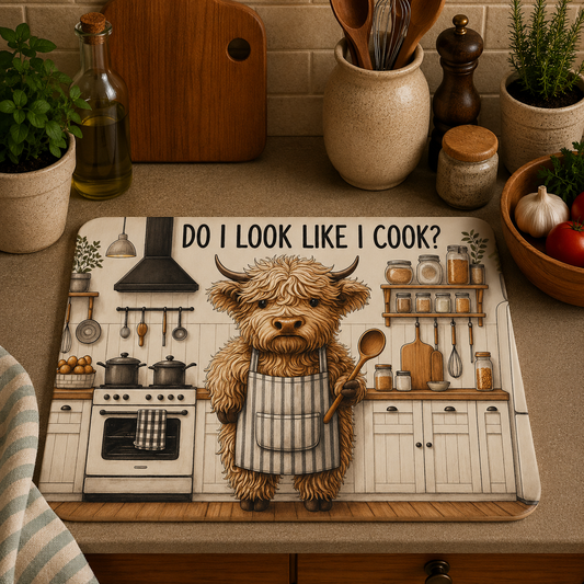 A rectangular kitchen chopping board with a humorous illustration of a fluffy Highland cow wearing a striped apron and holding a spoon, with the text 'DO I LOOK LIKE I COOK?' above it. The mat is styled on a kitchen counter surrounded by potted plants, a cutting board, and kitchen utensils.