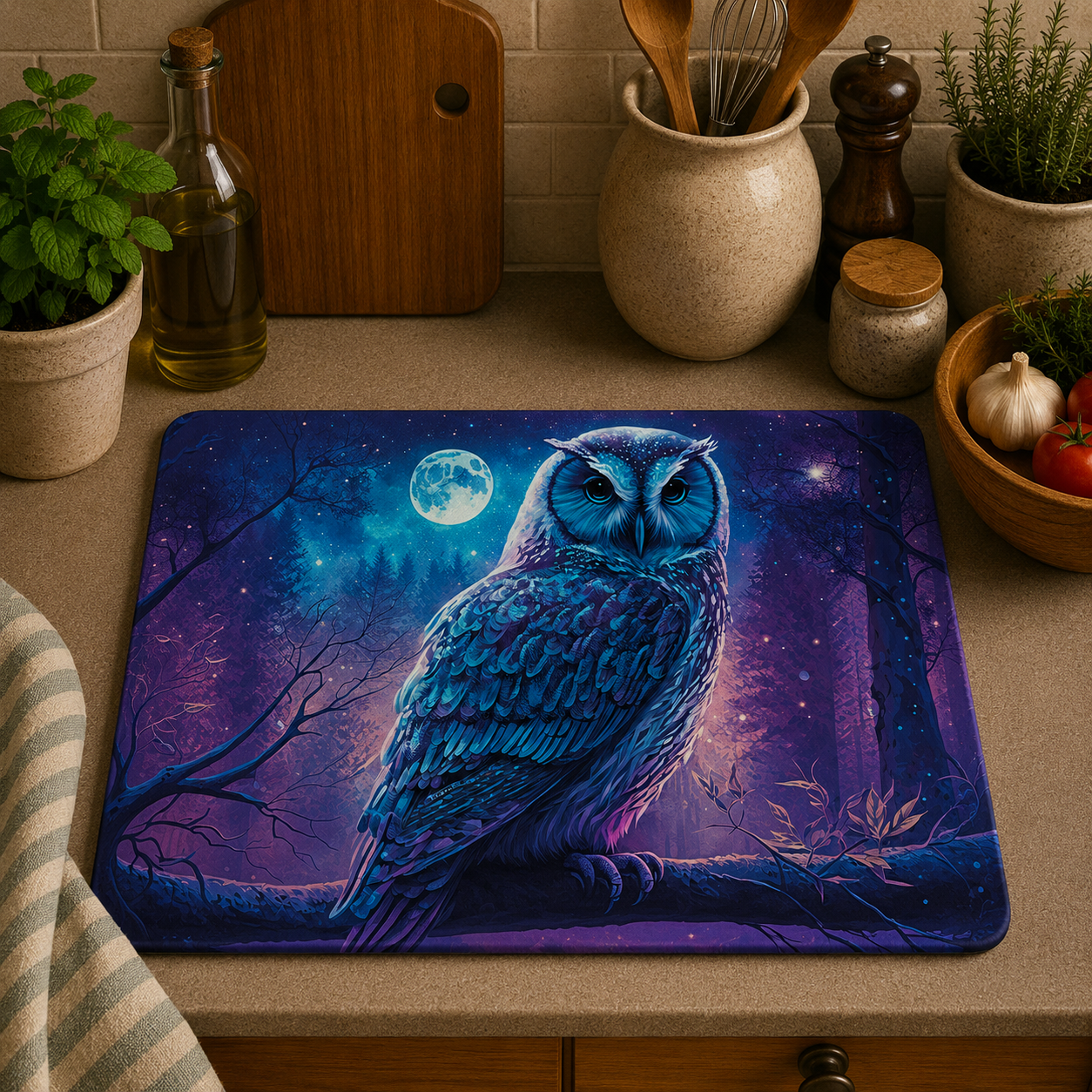 A rectangular kitchen mat featuring a detailed illustration of a blue owl under a full moon in a purple forest, placed on a beige countertop in a kitchen setting.