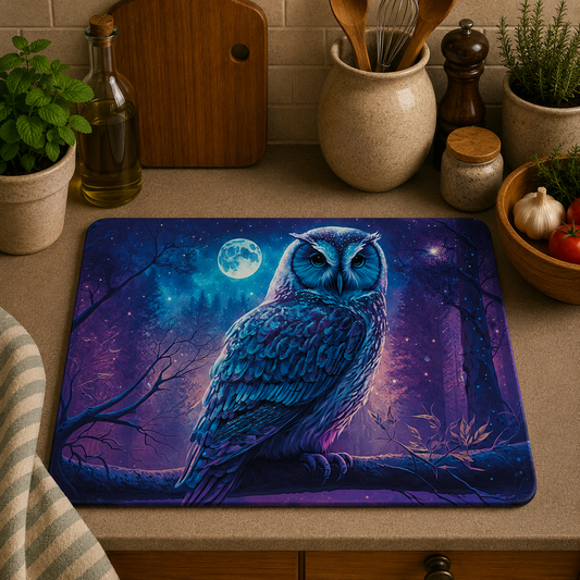 A rectangular kitchen mat featuring a detailed illustration of a blue owl under a full moon in a purple forest, placed on a beige countertop in a kitchen setting.