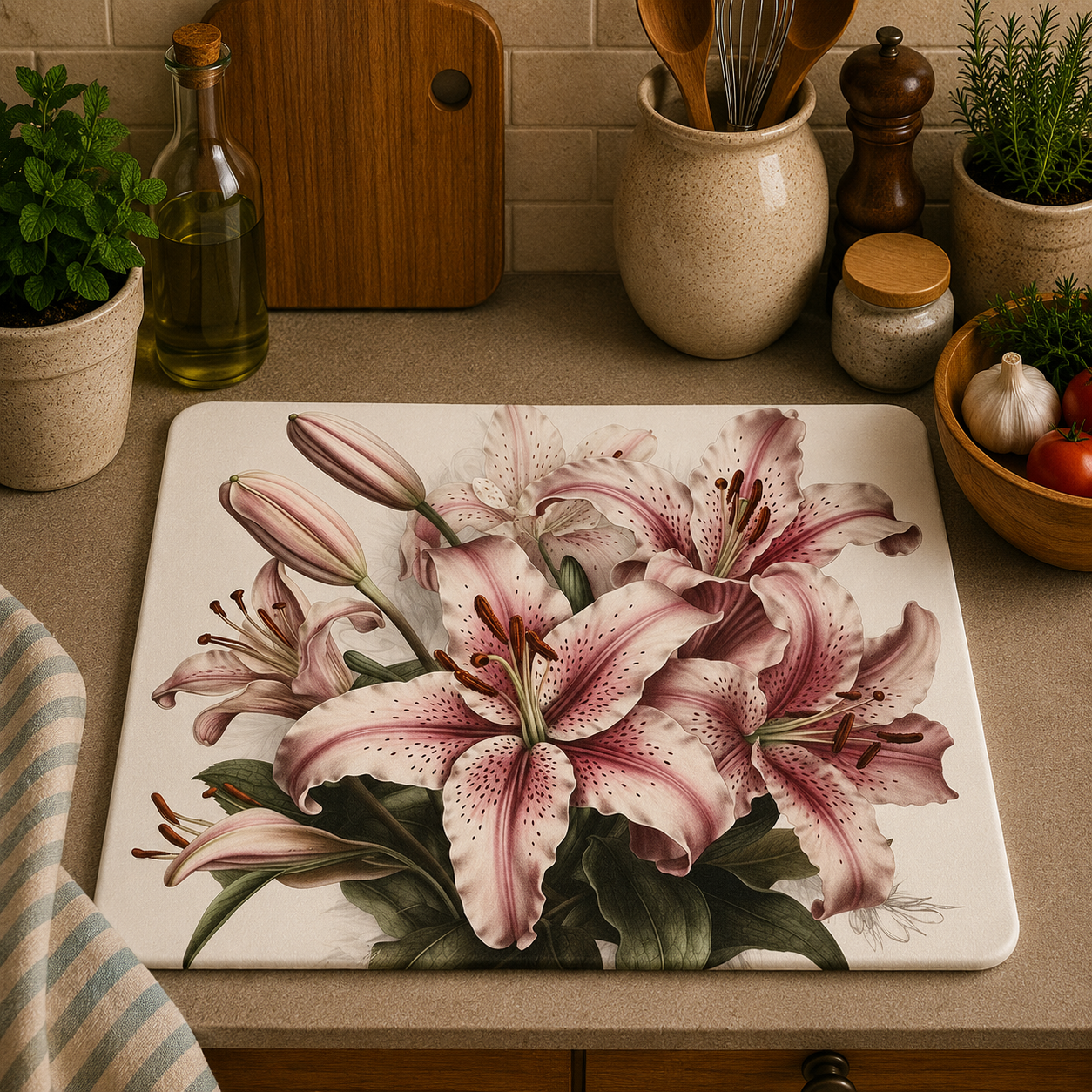A rectangular glass cutting board with rounded corners sits on a kitchen countertop. The board features a detailed botanical print of pink and white lilies with green leaves.