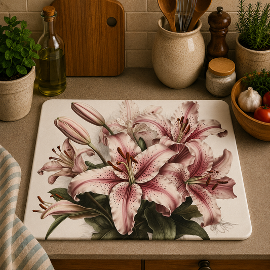 A rectangular glass cutting board with rounded corners sits on a kitchen countertop. The board features a detailed botanical print of pink and white lilies with green leaves.