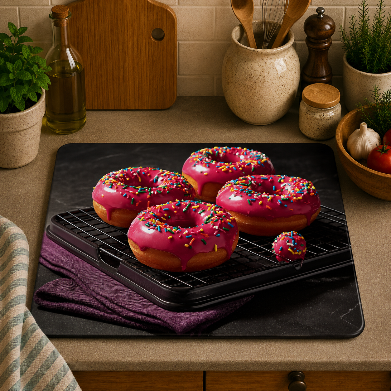A rectangular kitchen chopping board with rounded corners sits on a countertop, holding four pink-frosted donuts with rainbow sprinkles on a black wire rack. The scene is a styled kitchen setting with plants, jars, utensils, and a striped cloth visible around it.
