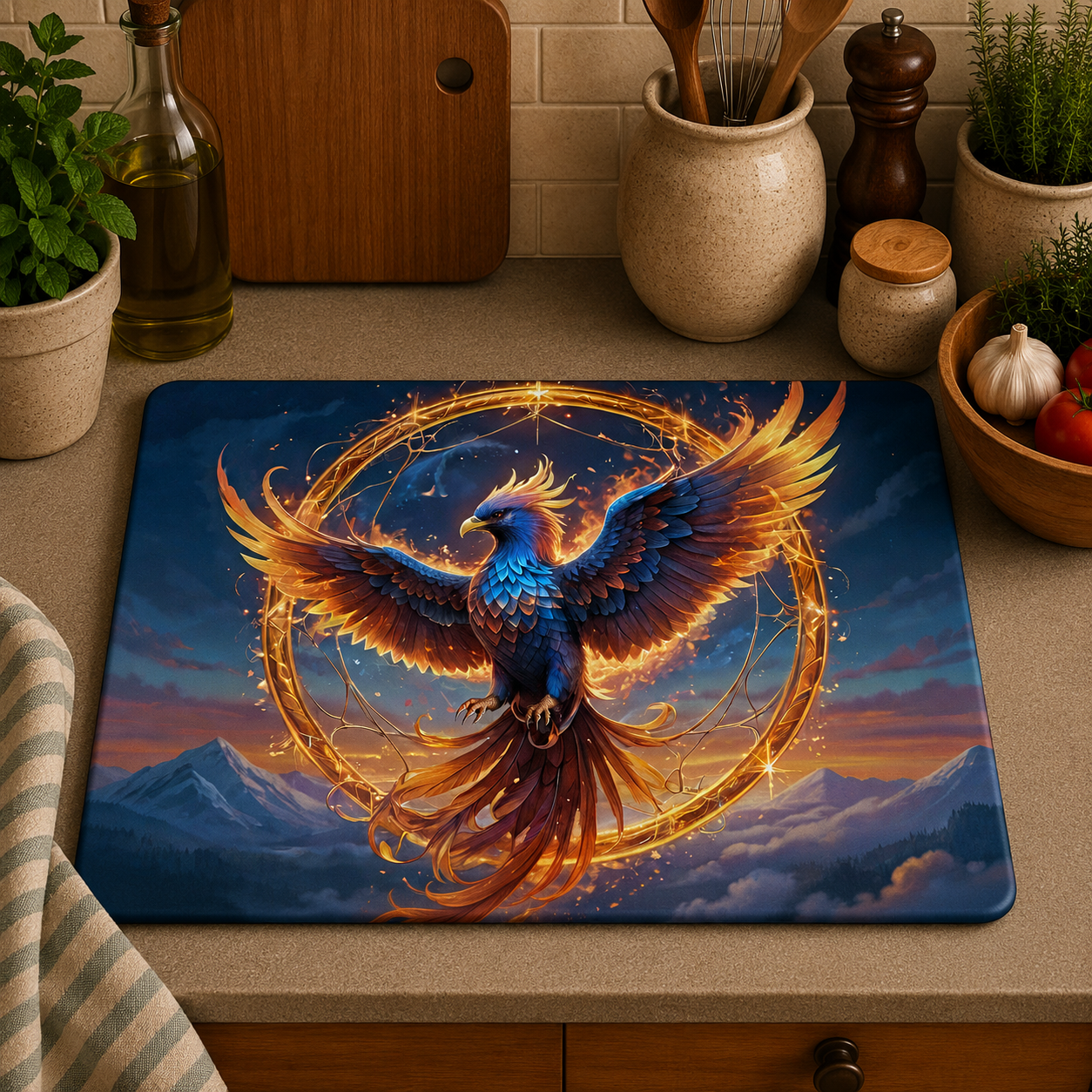 A rectangular kitchen mat featuring a detailed fantasy illustration of a glowing blue and orange phoenix within a golden ring over a mountain landscape, displayed on a beige countertop in a kitchen setting.