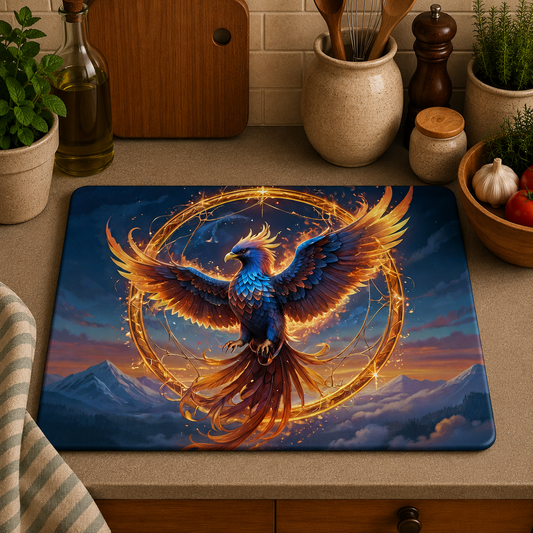 A rectangular kitchen mat featuring a detailed fantasy illustration of a glowing blue and orange phoenix within a golden ring over a mountain landscape, displayed on a beige countertop in a kitchen setting.