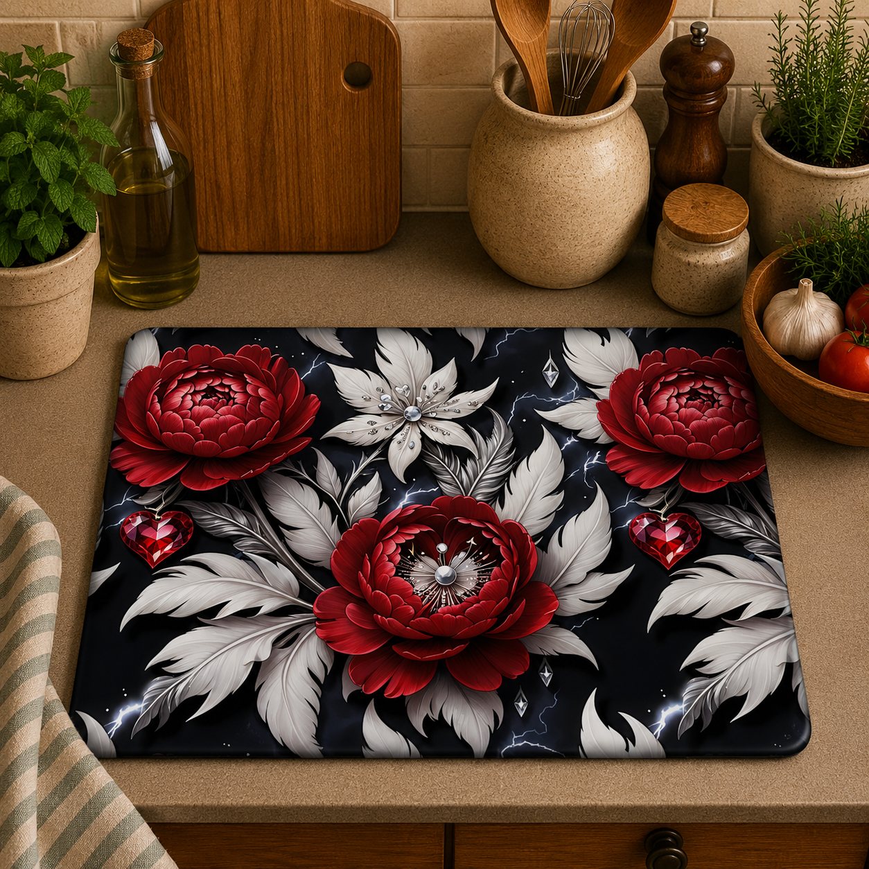 A rectangular kitchen cutting board with a glossy black background and a 3D floral print of red peonies, white feathers, and red hearts, displayed on a beige kitchen counter surrounded by cooking utensils and plants.