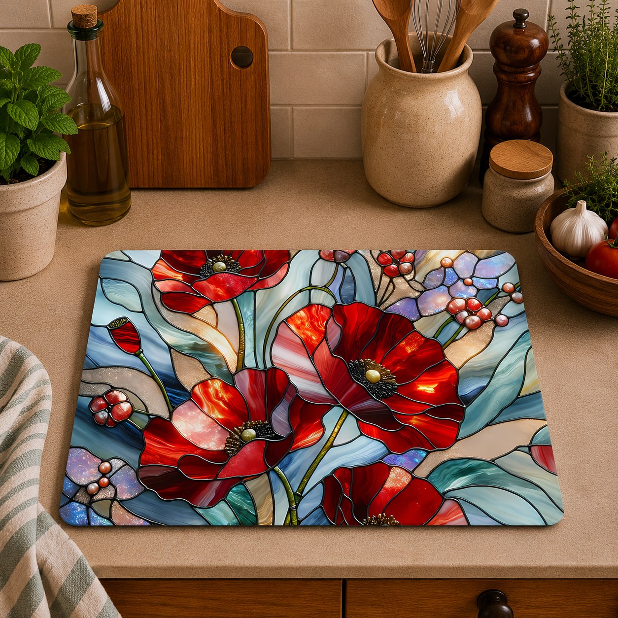 Red Poppies Stained Glass Toughened Glass Chopping Board