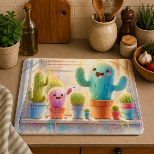 A rectangular kitchen mat with a colourful cartoon cactus illustration, placed on a beige countertop in a kitchen setting with potted plants, a bottle, and ceramic containers visible around it.