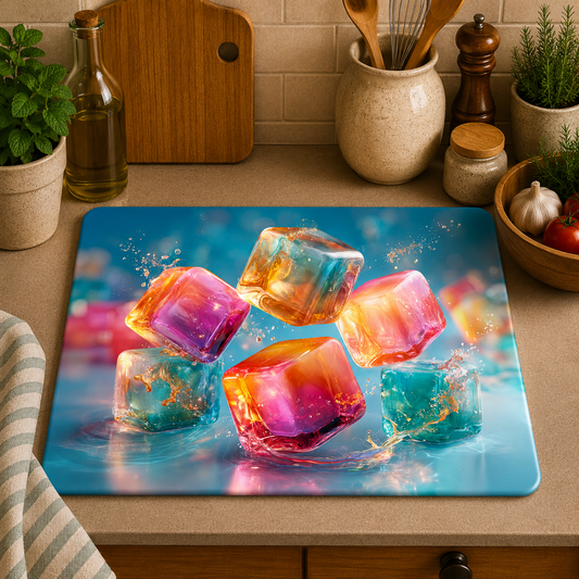 A rectangular kitchen mat with a colourful graphic print of melting ice cubes in blue, pink, orange, and teal, placed on a beige countertop in a kitchen setting.