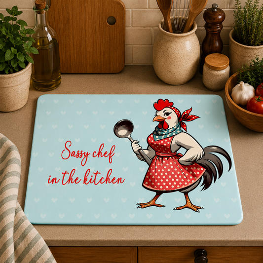 A rectangular kitchen mat with a light blue background and a cartoon rooster wearing a red polka-dot apron, standing on a beige countertop in a kitchen setting. The mat reads 'Sassy chef in the kitchen' in red script.