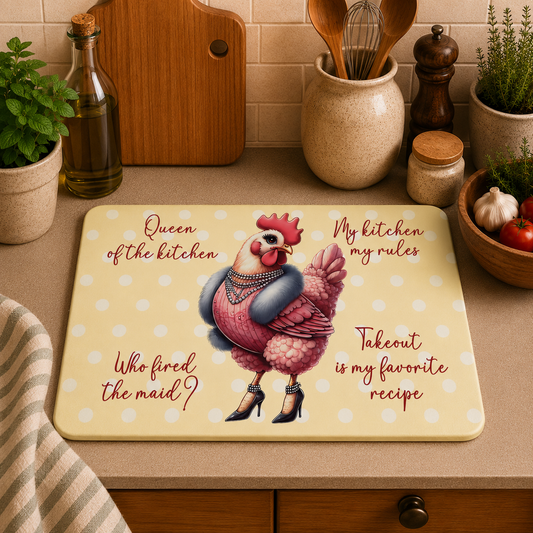A rectangular kitchen mat with rounded corners sits on a countertop in a kitchen setting. The mat has a pale yellow background with white polka dots and a central illustration of a pink chicken wearing a blue apron and black high heels.