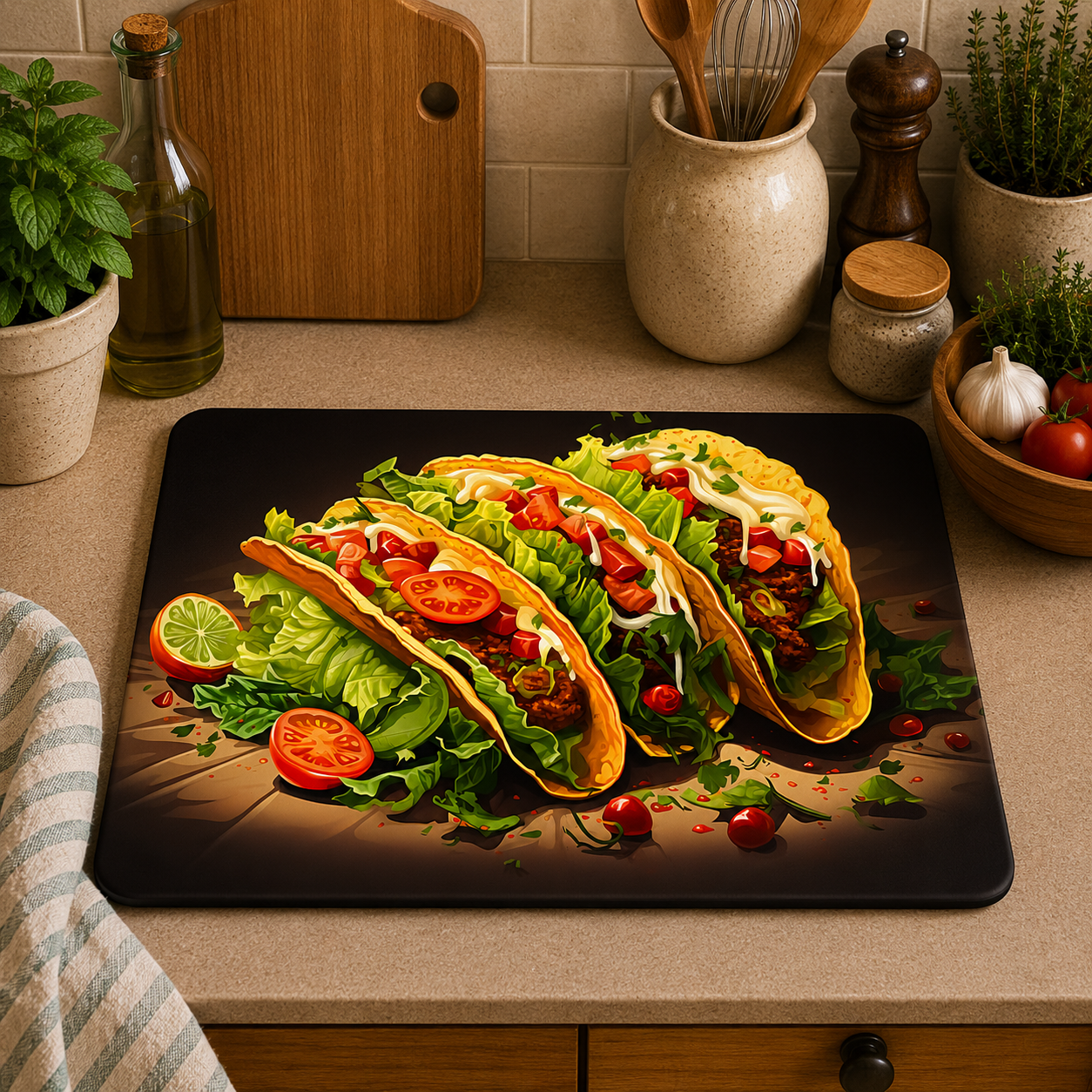 A rectangular kitchen mat featuring a printed graphic of three tacos with lettuce, tomatoes, and lime on a dark background, placed on a beige countertop in a kitchen setting.