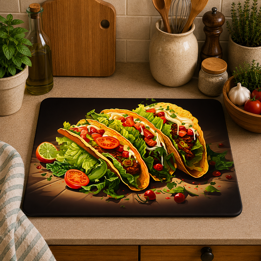 A rectangular kitchen mat featuring a printed graphic of three tacos with lettuce, tomatoes, and lime on a dark background, placed on a beige countertop in a kitchen setting.