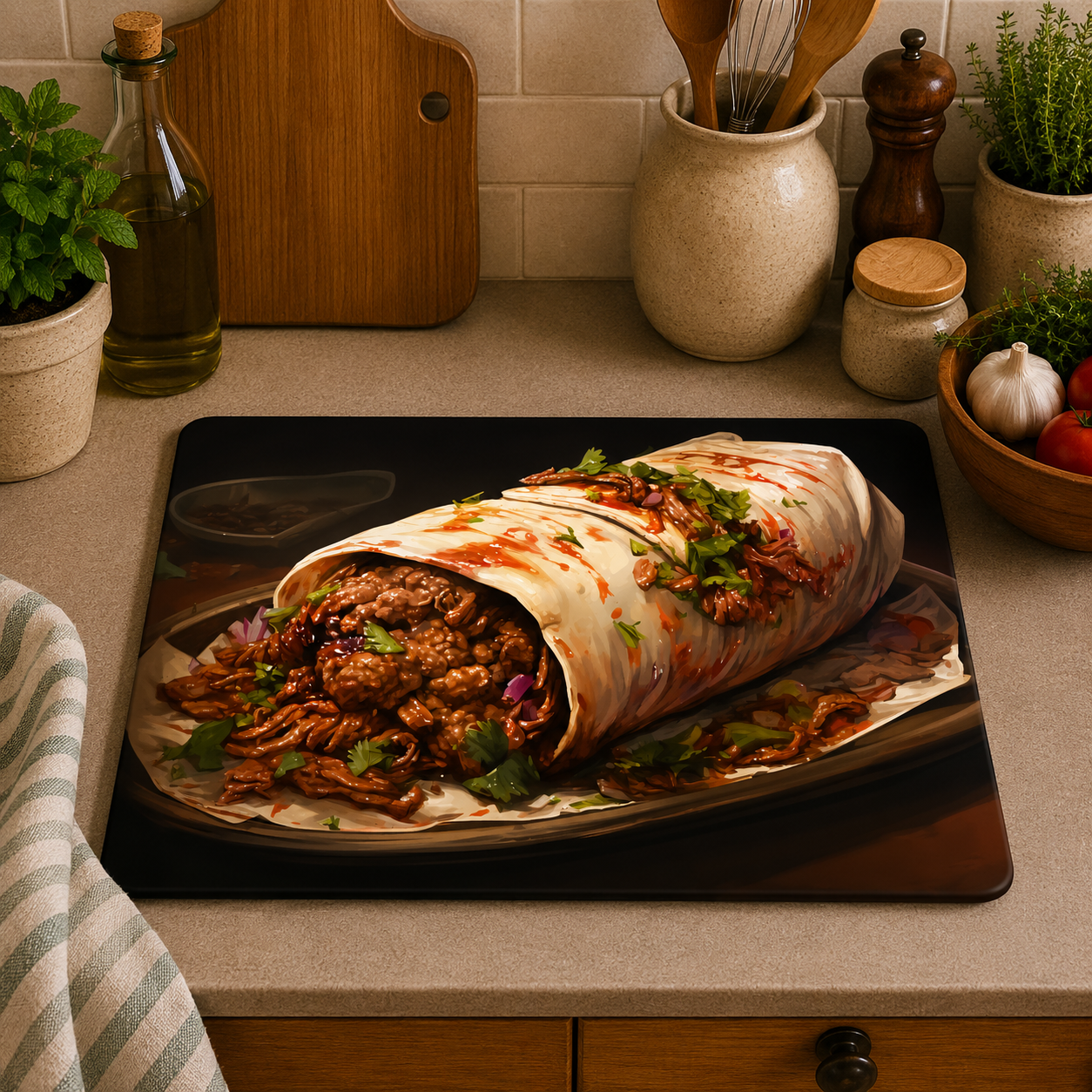 A rectangular kitchen mat featuring a printed image of a beef and tortilla wrap, styled on a beige countertop in a kitchen setting with a striped towel, cutting board, and spices.