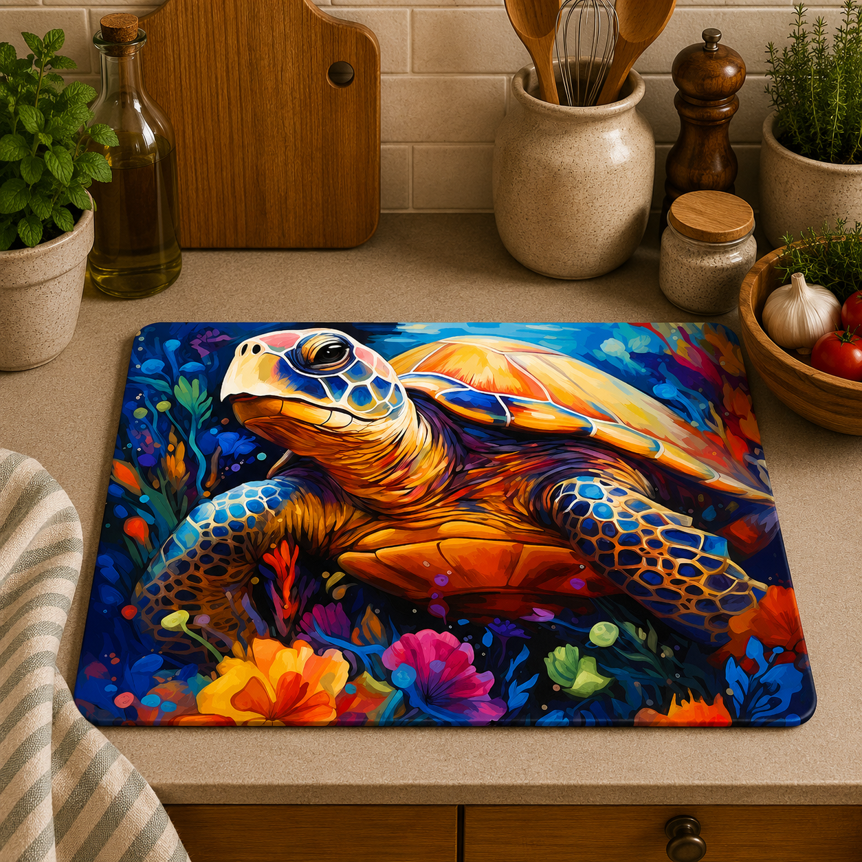 A colourful kitchen scene with a rectangular placemat featuring a vivid painted sea turtle surrounded by flowers on a countertop. The background includes a tiled wall, wooden cutting board, jars, utensils, plants, and a striped cloth.