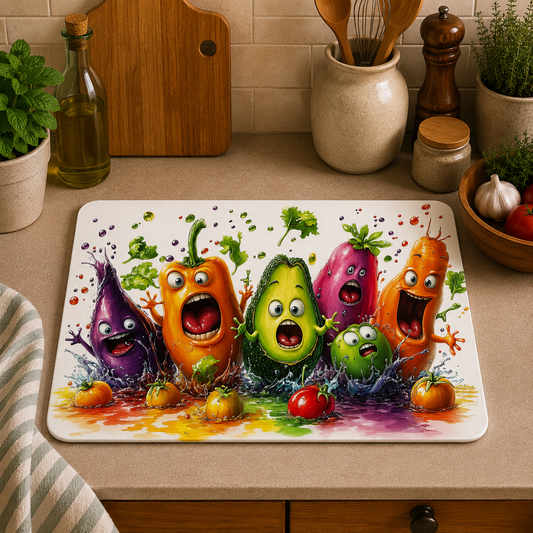 A rectangular kitchen mat with rounded corners featuring a colourful cartoon illustration of expressive vegetables including an eggplant, pepper, avocado, zucchini, carrot, and tomato splashing in paint, placed on a beige countertop in a kitchen setting.